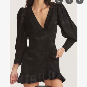 LoveShackFancy Black V-Neck Puff Sleeve Mini Dress